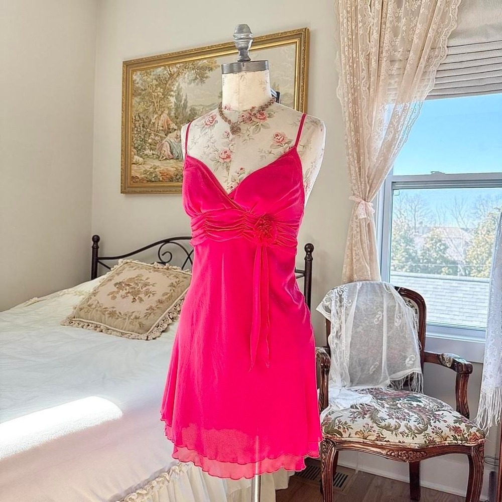 pink fairy mini dress  90s cabernet hot pink chiffon mini dress size large‎